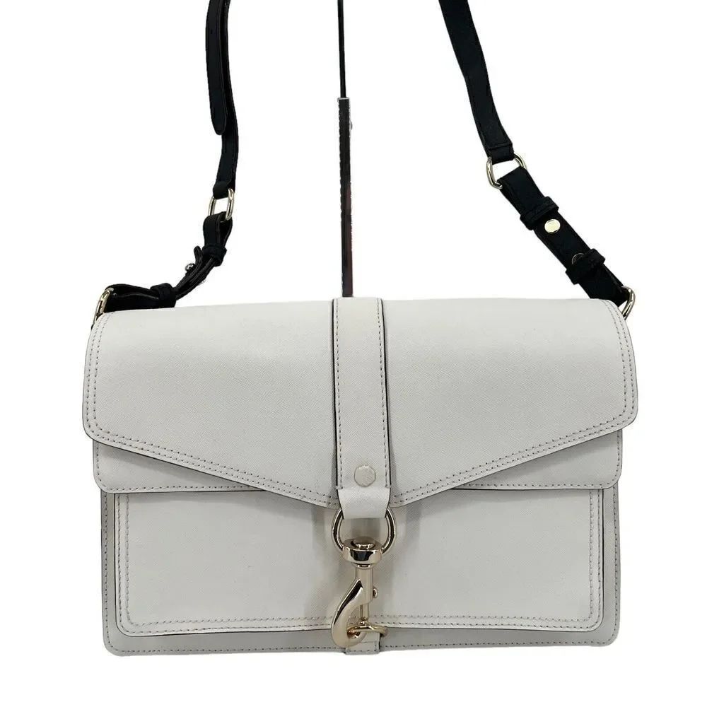 Rebecca Minkoff Handbag Bag Crossbody Hudson White Black Saffiano Leather Flap